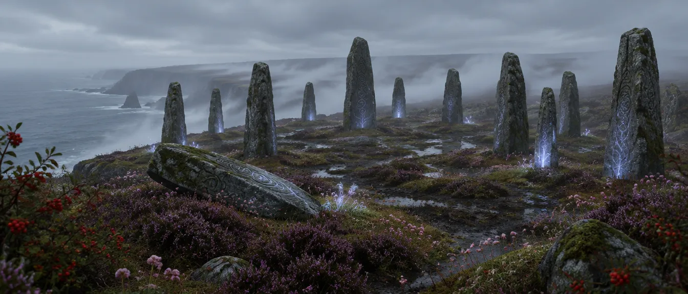 Carn Dubh: lingkaran tiga belas batu tegak di tanjung, satu batu tumbang di antara heather.